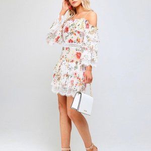ALICE + OLIVIA Floral Soree Chiffon and Lace Off-Shoulder Dress NWT Size 4